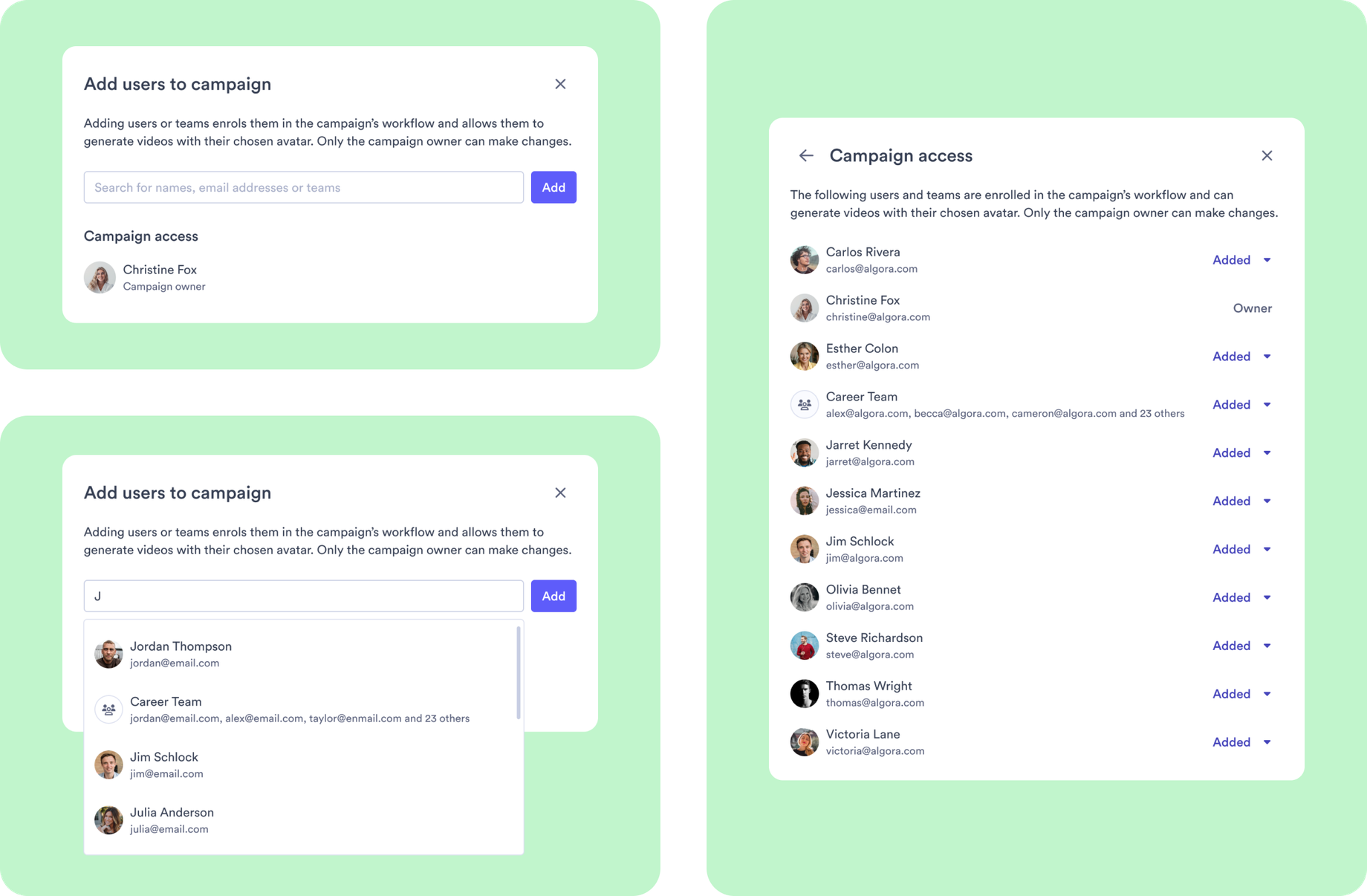 Adding teammates to a campaign — the Add users dialog and the Campaign access list showing who is enrolled to generate videos with their avatar